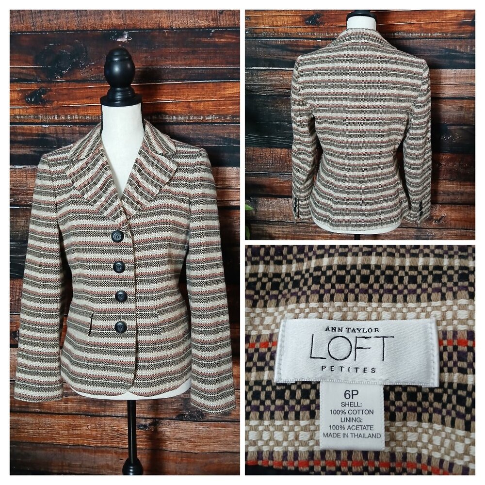 Ann Taylor LOFT Blazer 6 Petite Cotton Knit Tweed Jacket Striped Lined